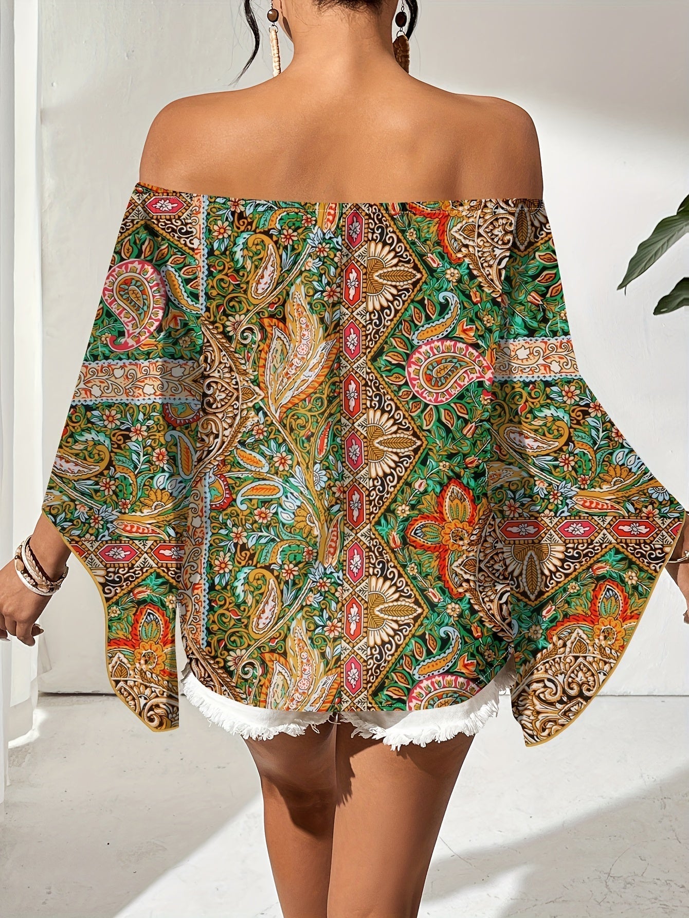 Frauen Bluse Off Shoulder Geometrisches Muster