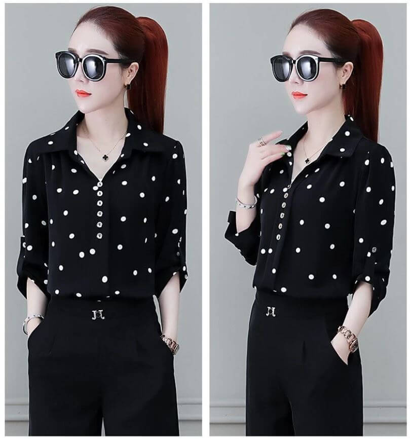 Damen Bluse Chiffon mit Knöpfen und Umschlagkragen Elegant