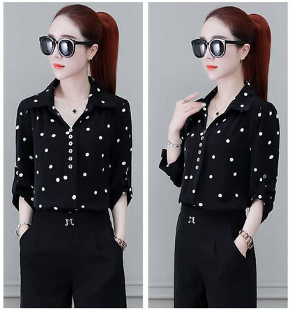 Damen Bluse Chiffon mit Knöpfen und Umschlagkragen Elegant