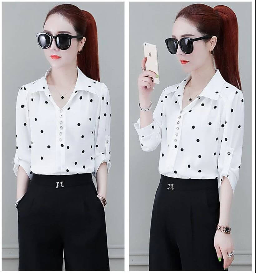 Damen Bluse Chiffon mit Knöpfen und Umschlagkragen Elegant