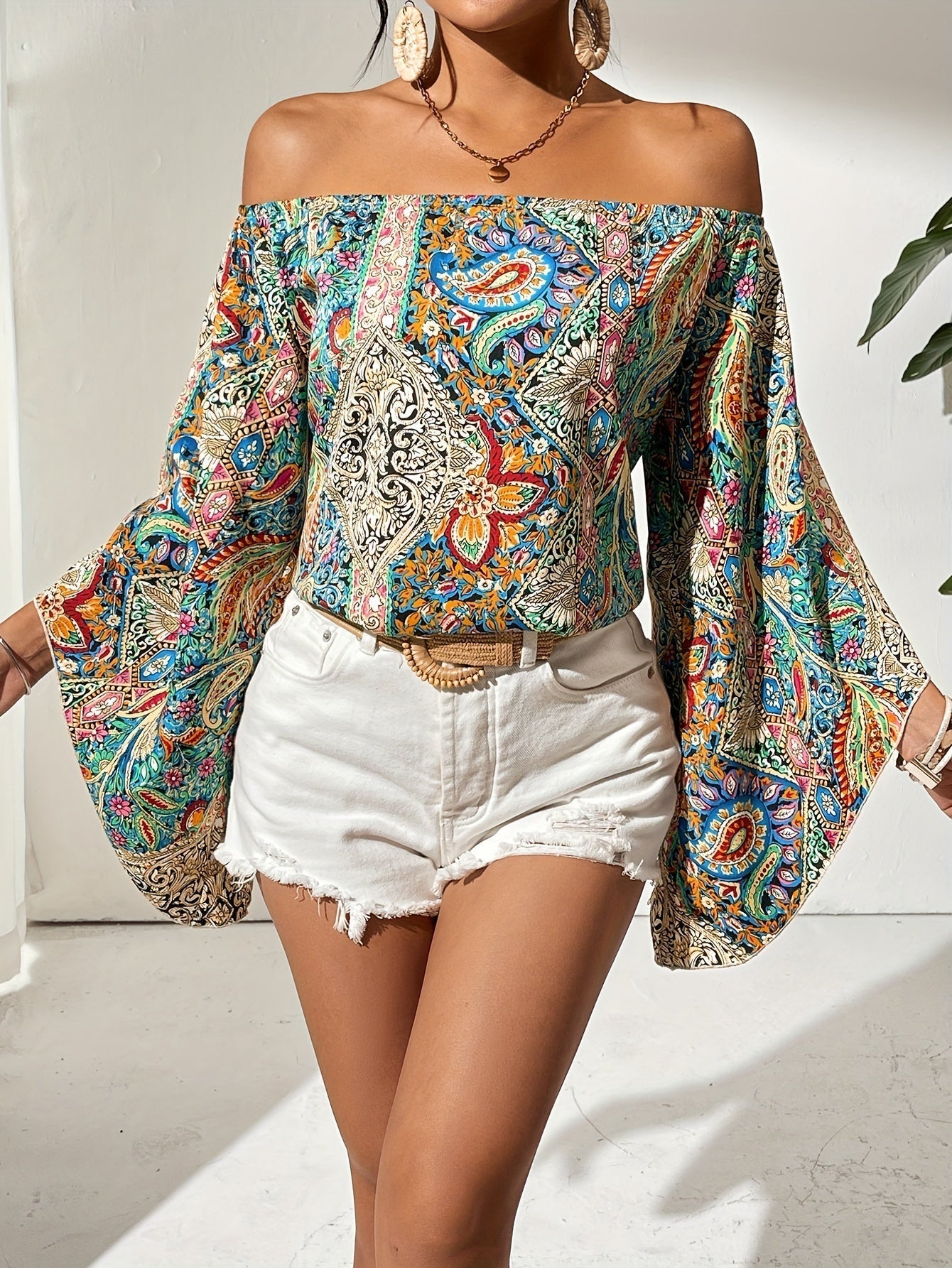 Frauen Bluse Off Shoulder Geometrisches Muster - Elarova