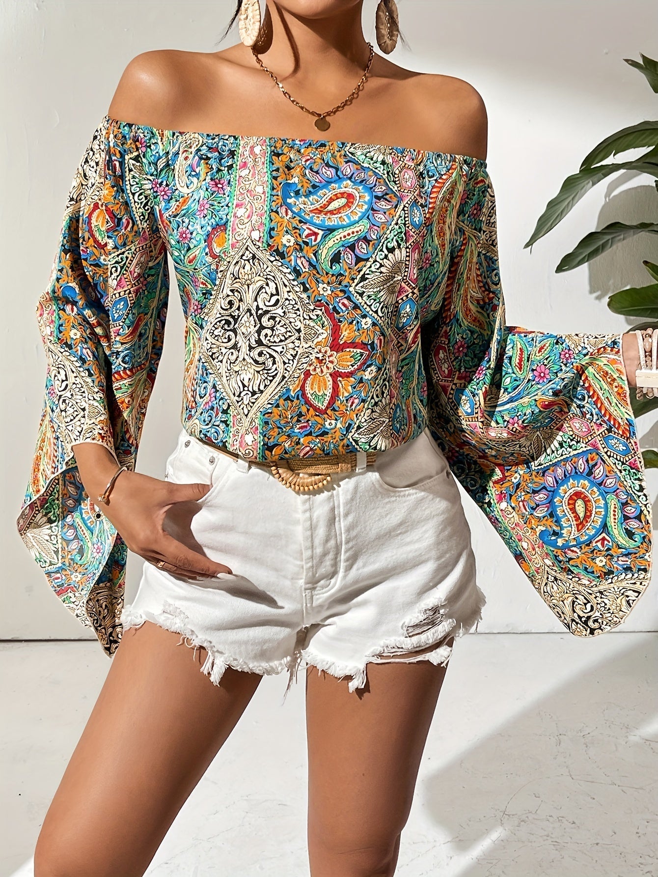 Frauen Bluse Off Shoulder Geometrisches Muster