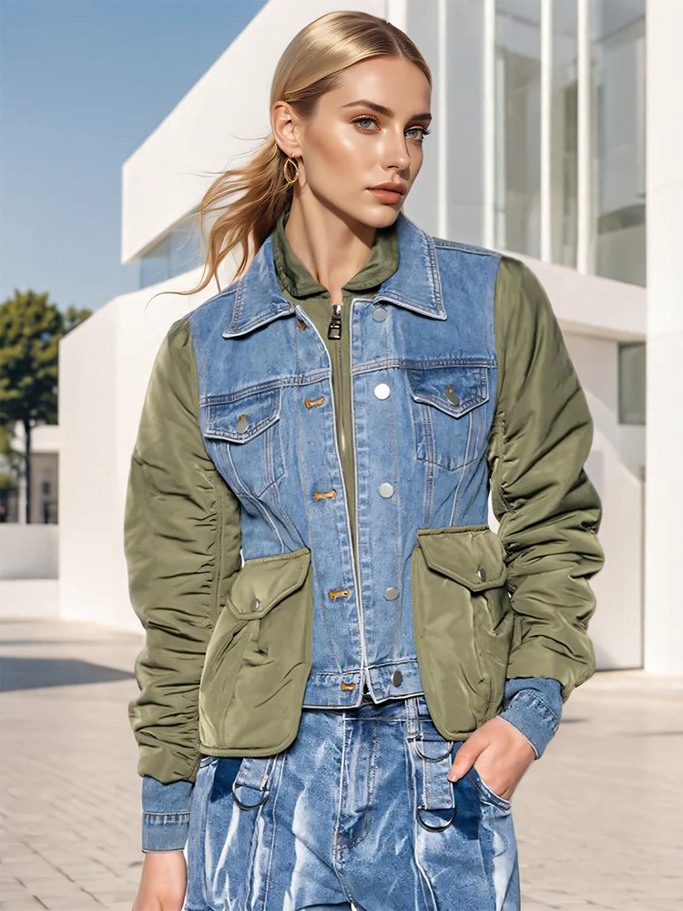 Baumwoll-Denimjacke für Damen von Reisola mit Patchwork-Design und Umlegekragen