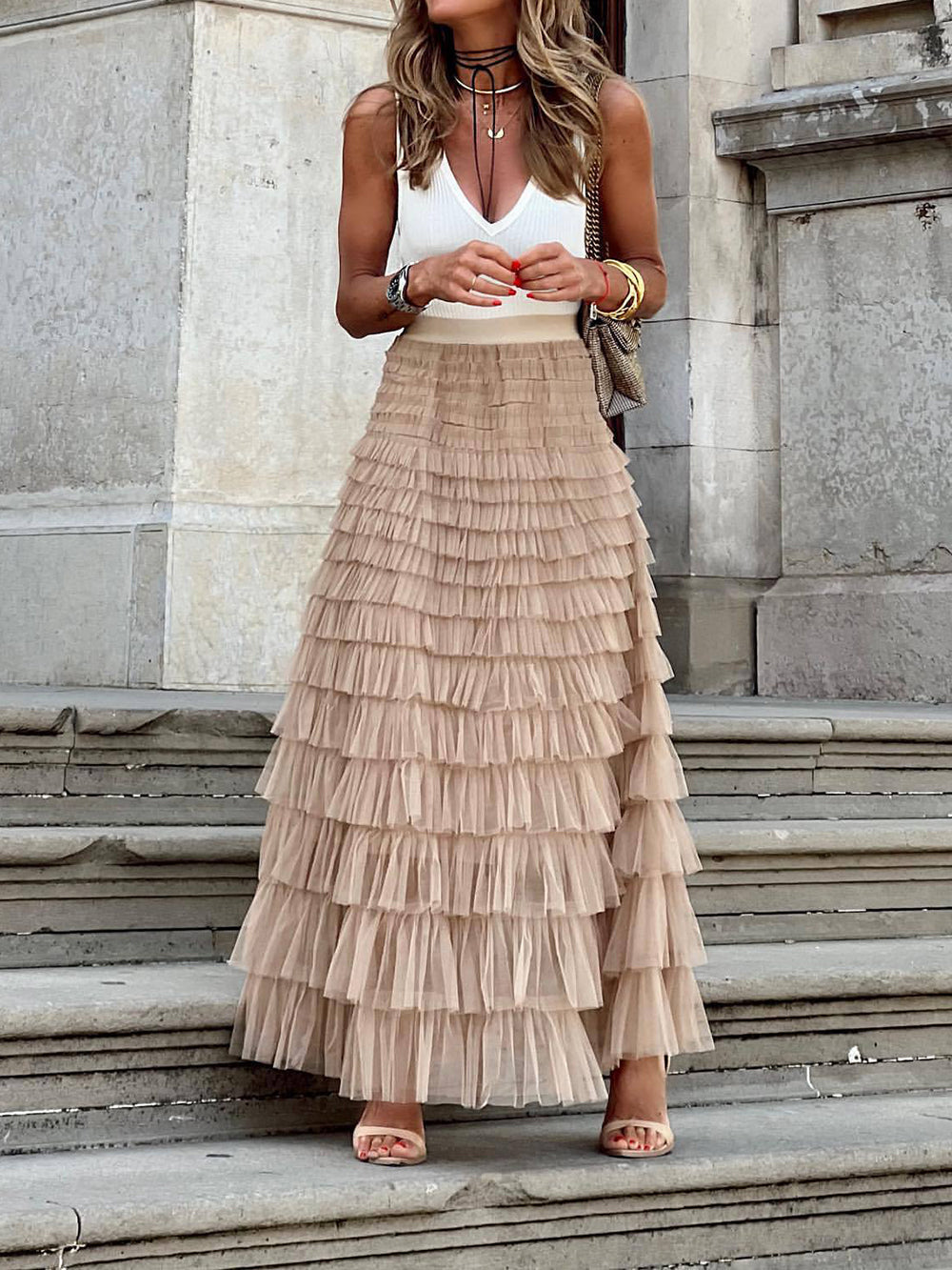 Beige Lagenlook Acetate Dress: Epona