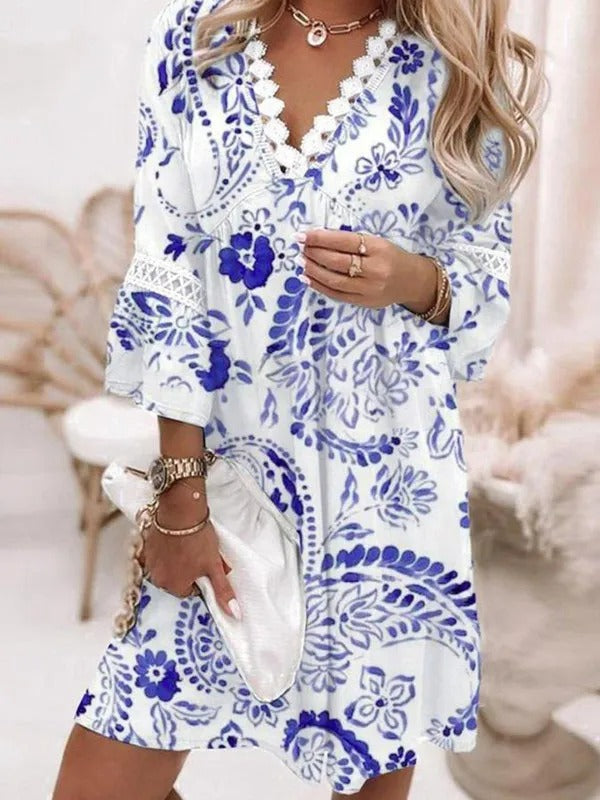 Blumenmuster-Tunika mit Spitze - Bohemian Damenkleid