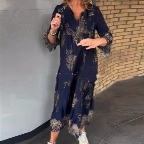 Bohemian Kleid mit V-Ausschnitt, Knöpfen und langen Ärmeln von Elarova