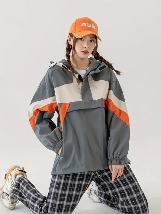 Color Blocked Hooded Drawstring Jacket with Zipper Pocket