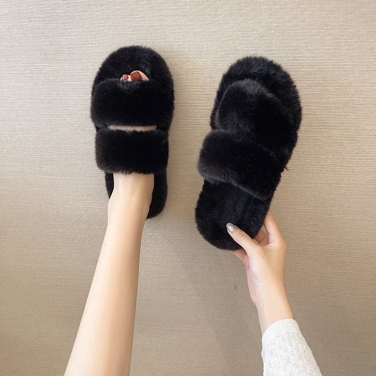 Damen Flauschige Hausschuhe mit doppeltem Riemen und weichem Innenfutter
