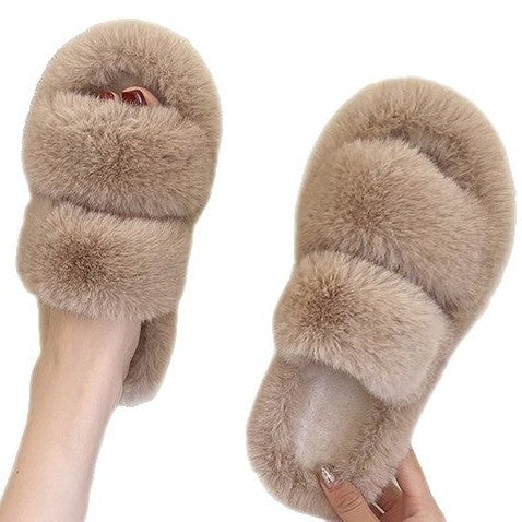 Damen Flauschige Hausschuhe mit doppeltem Riemen und weichem Innenfutter