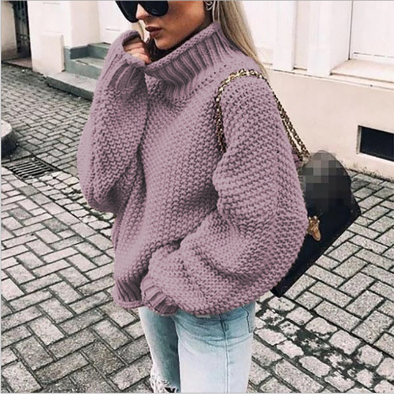 Damen Grobstrickpullover mit hohem Kragen und lässigem Schnitt WW