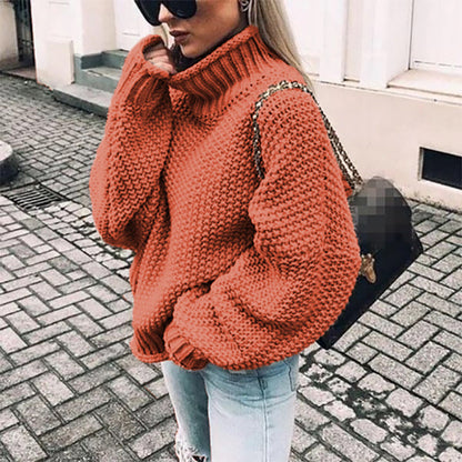 Damen Grobstrickpullover mit hohem Kragen und lässigem Schnitt WW