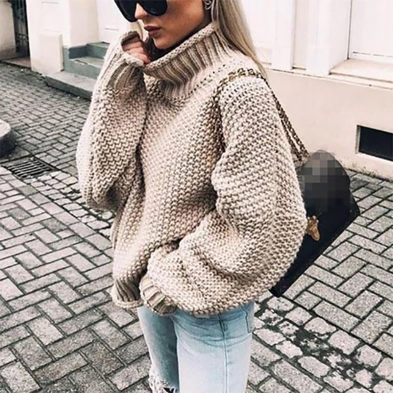 Damen Grobstrickpullover mit hohem Kragen und lässigem Schnitt WW