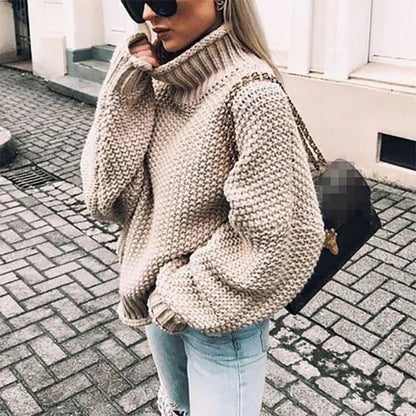Damen Grobstrickpullover mit hohem Kragen und lässigem Schnitt WW