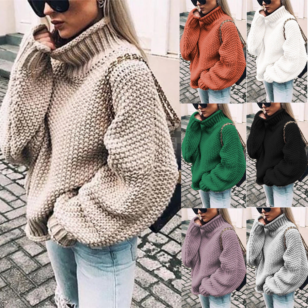 Damen Grobstrickpullover mit hohem Kragen und lässigem Schnitt WW