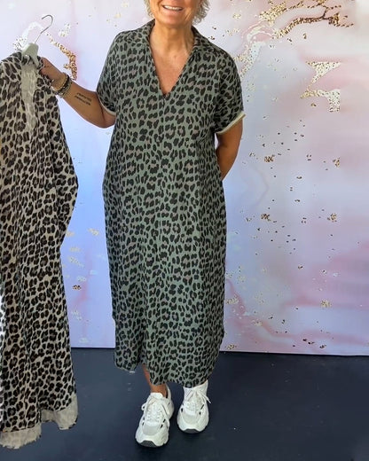 Damen-Kurzarmskleid mit Leopardenprint und V-Ausschnitt