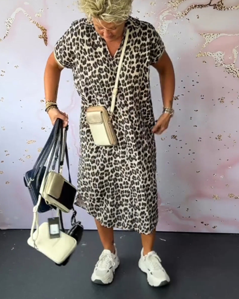 Damen-Kurzarmskleid mit Leopardenprint und V-Ausschnitt