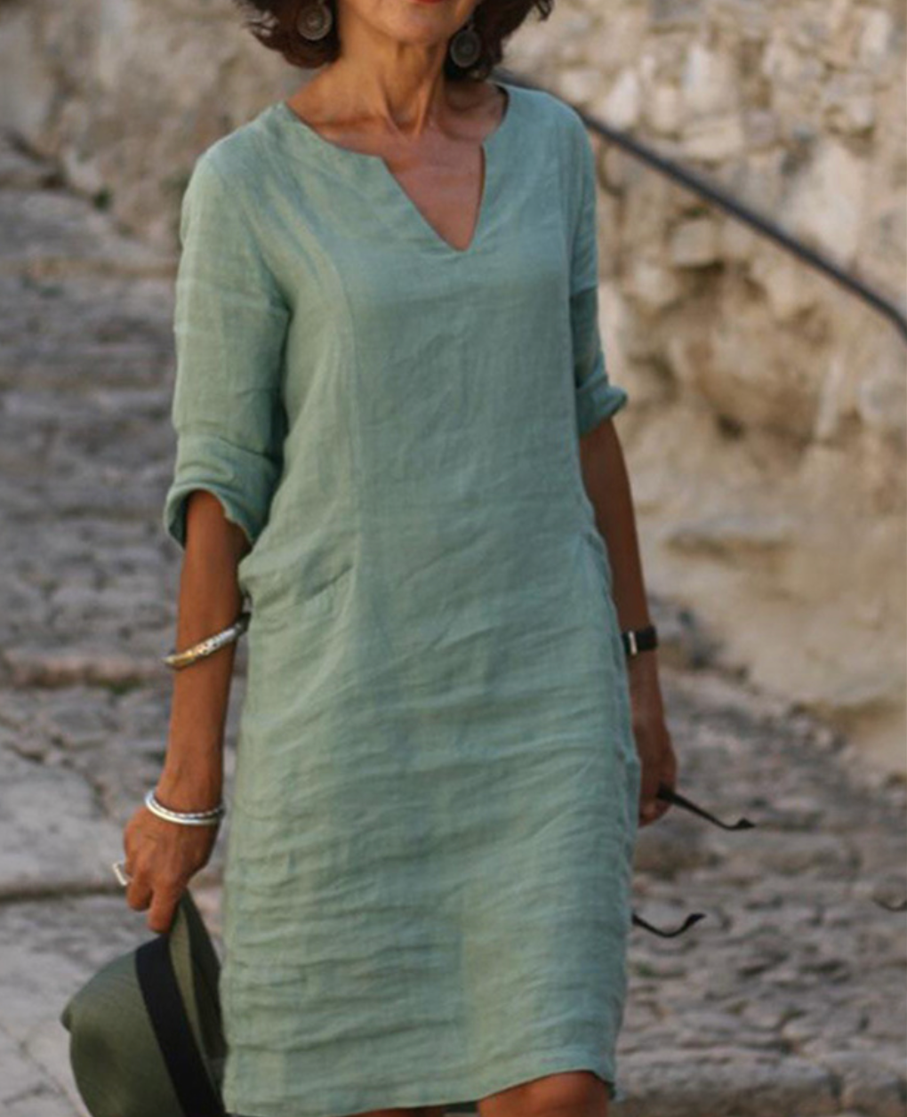 Damen-Leinen-Midikleid mit V-Ausschnitt