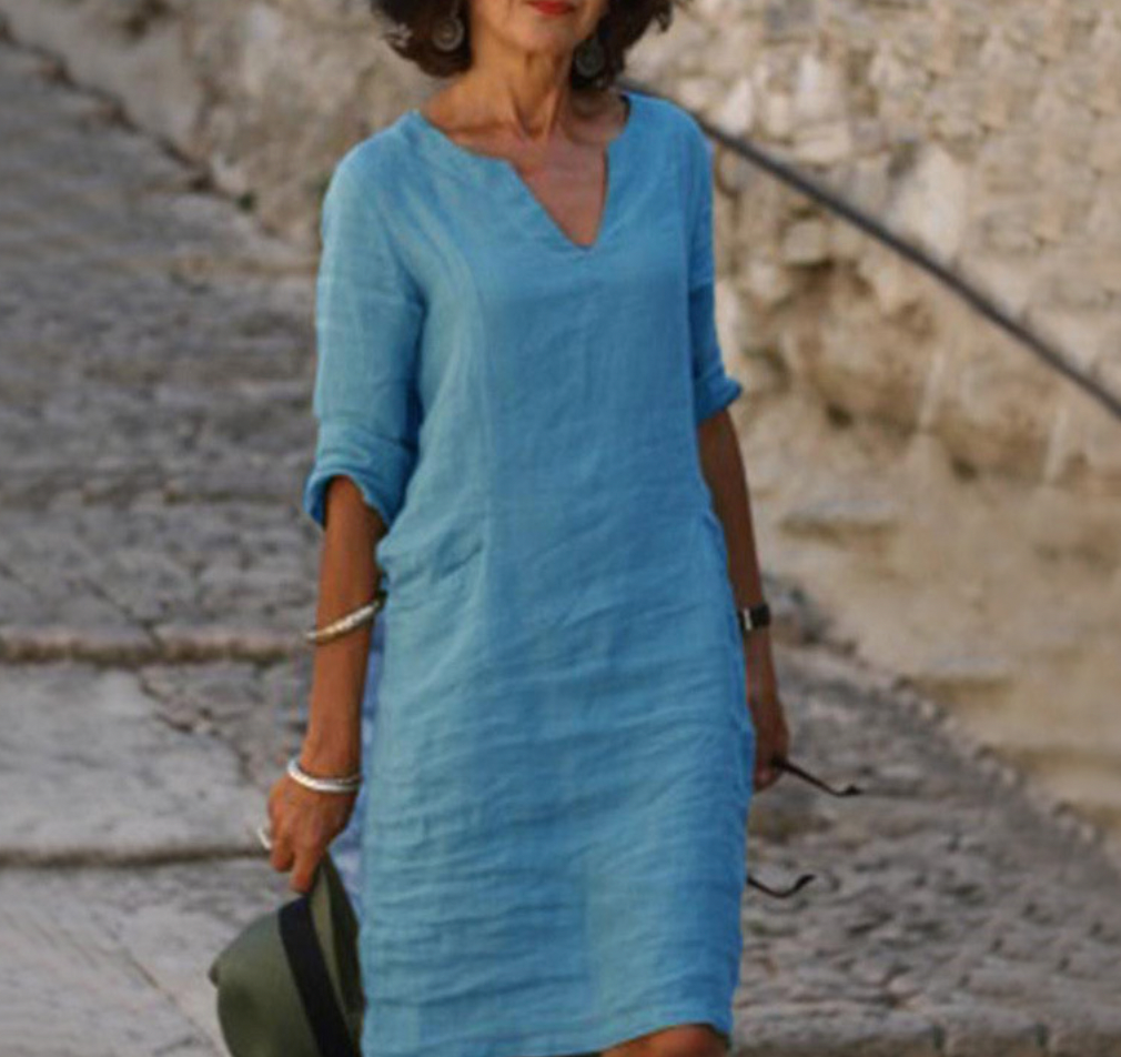 Damen-Leinen-Midikleid mit V-Ausschnitt