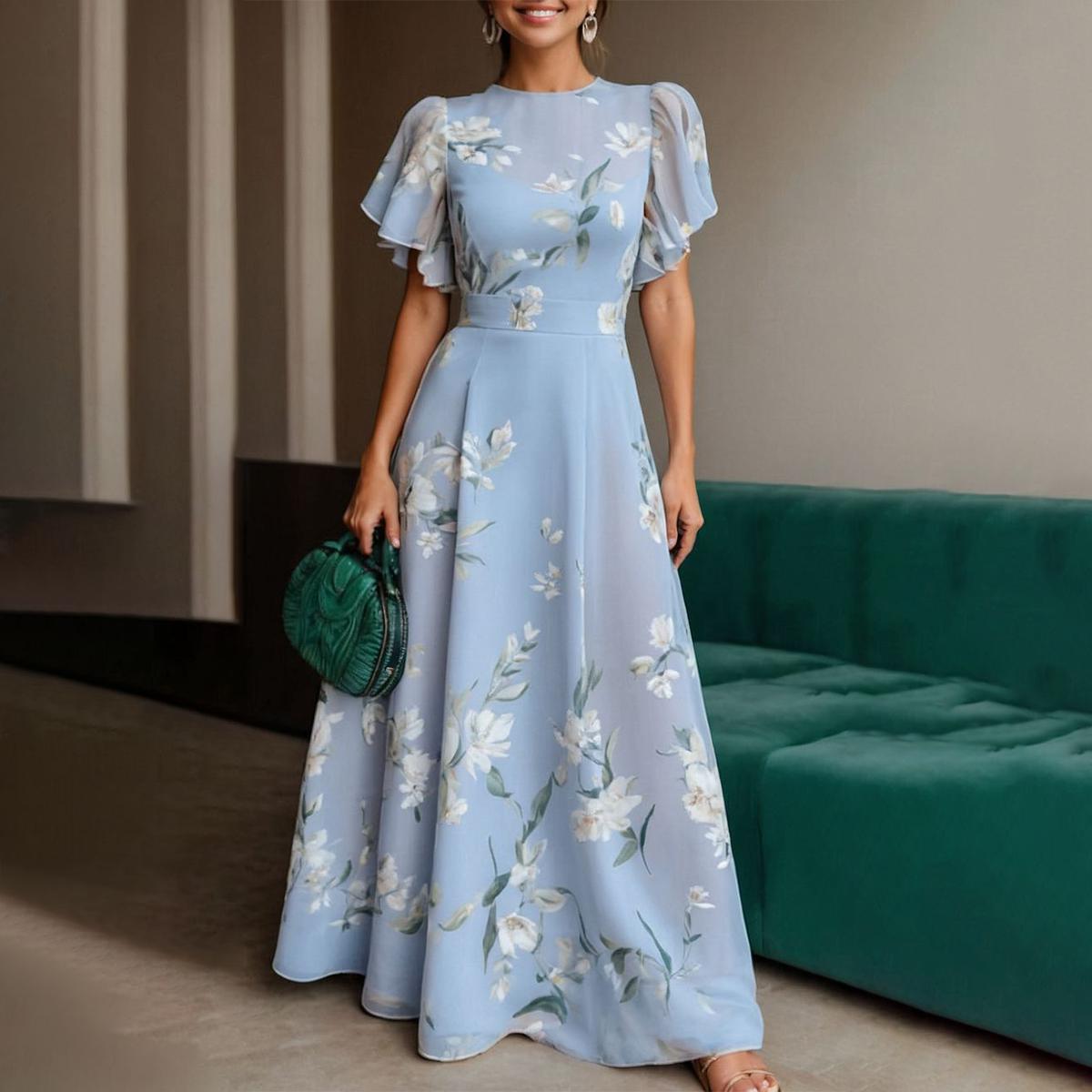 Damen Maxikleid, blau, kurzärmelig, Rundhals