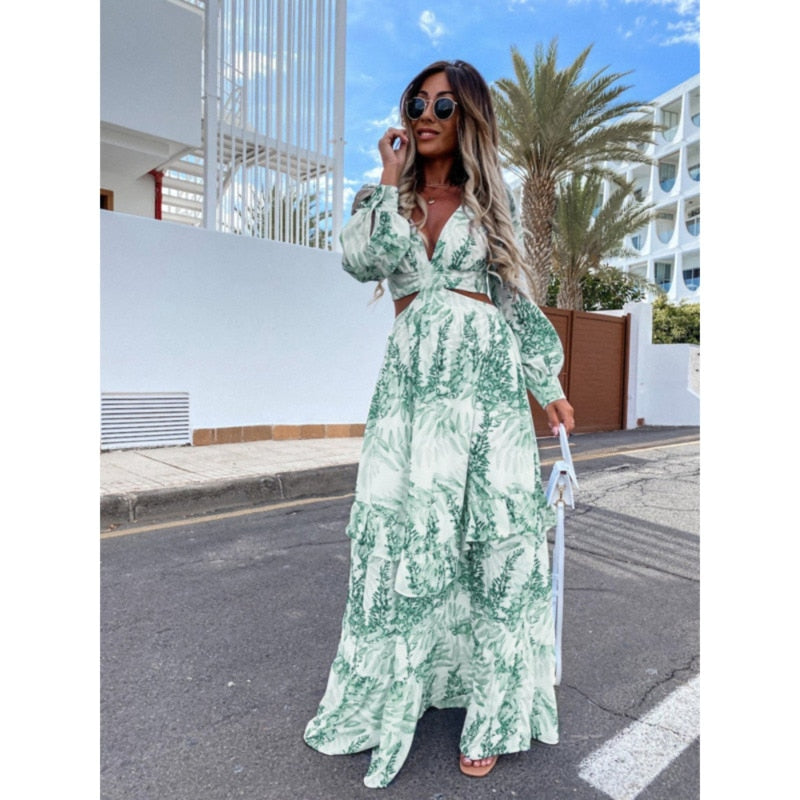Damen-Maxikleid mit V-Ausschnitt im floralen Design