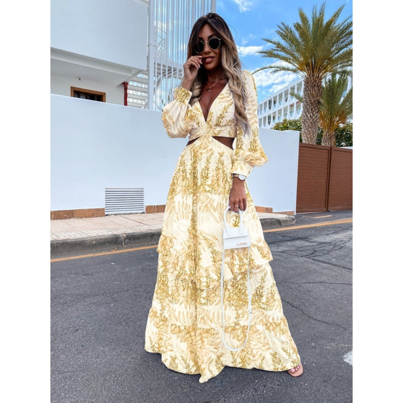 Damen-Maxikleid mit V-Ausschnitt im floralen Design