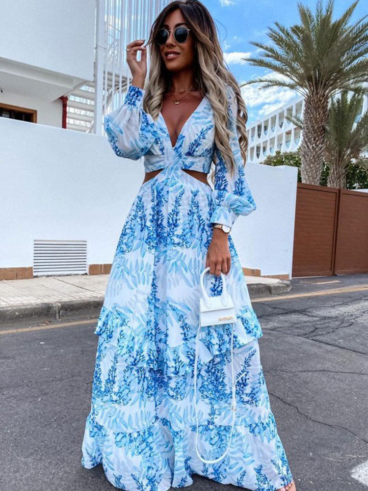 Damen-Maxikleid mit V-Ausschnitt im floralen Design
