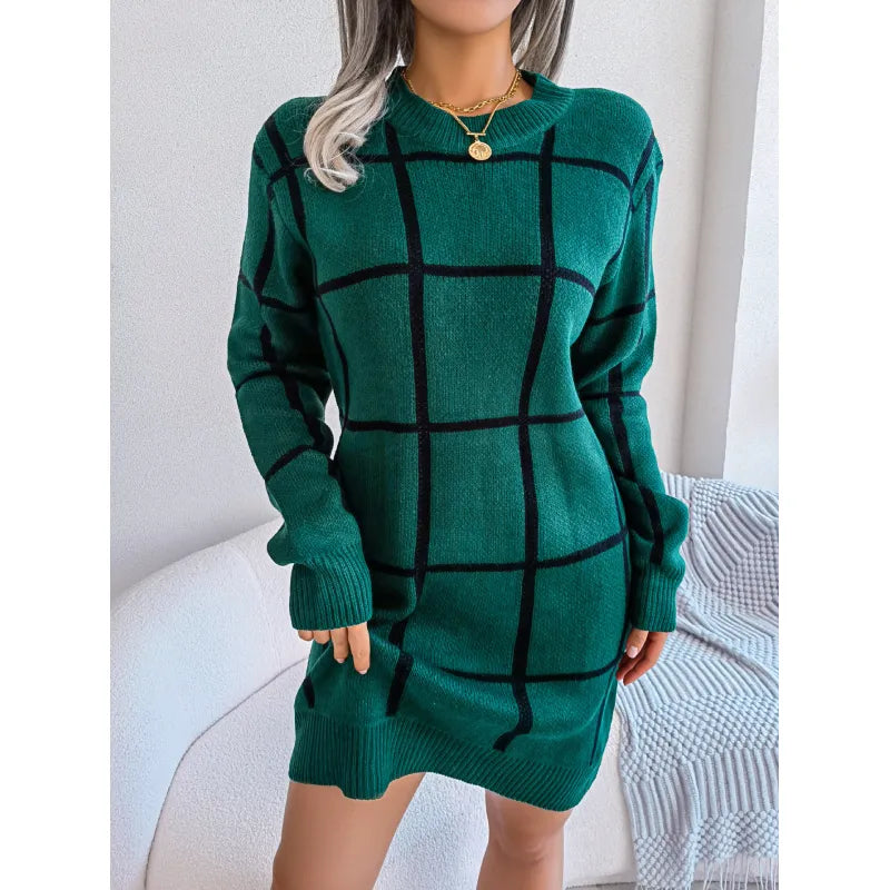 Damen-Midi-Kleid aus gestricktem Karomuster