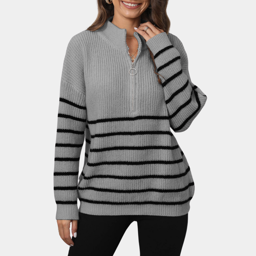 Damen-Pullover Nydia: Lockerer gestreifter Strickpullover mit kurzem Reißverschluss