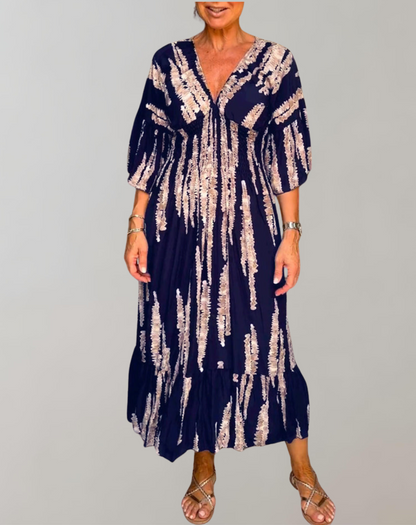 Elarova | Bedrucktes Maxikleid | Abendkleid für Damen | fließendes Maxikleid mit V-Ausschnitt