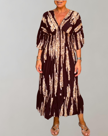 Elarova | Bedrucktes Maxikleid | Abendkleid für Damen | fließendes Maxikleid mit V-Ausschnitt
