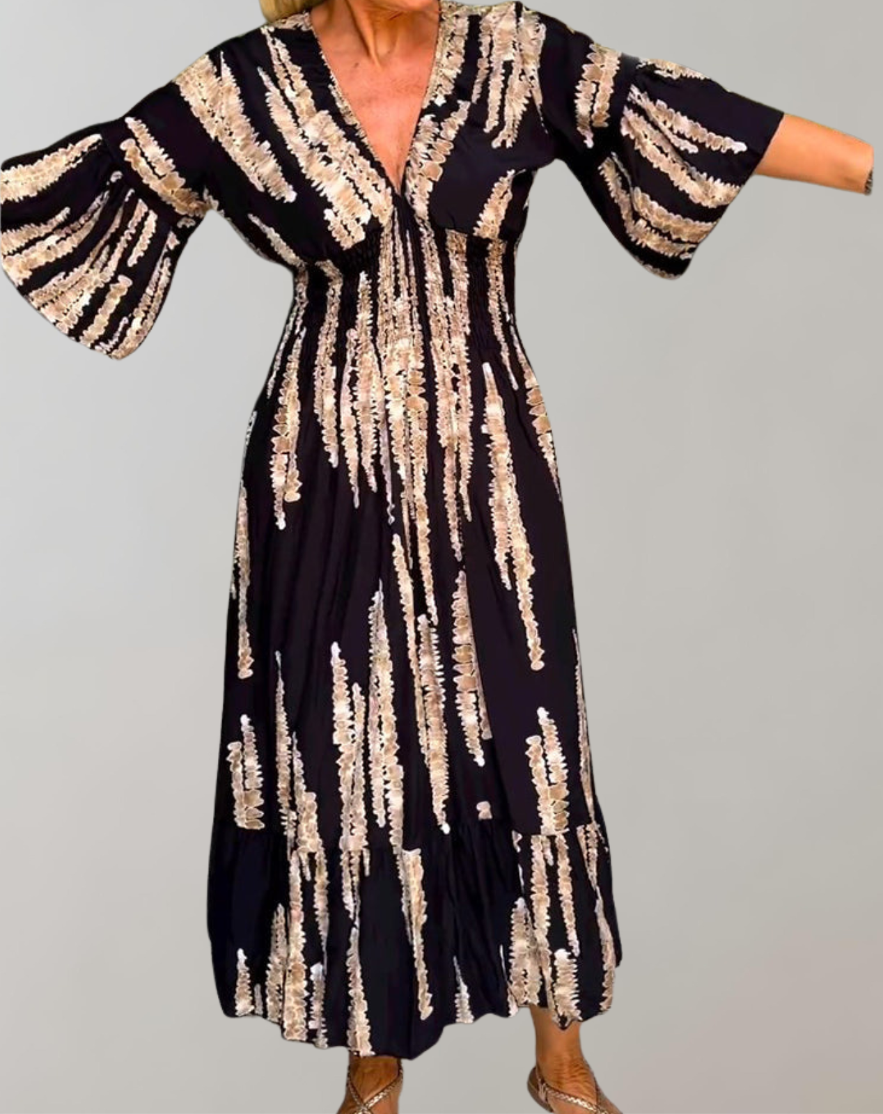 Elarova | Bedrucktes Maxikleid | Abendkleid für Damen | fließendes Maxikleid mit V-Ausschnitt