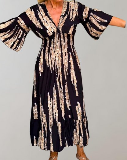 Elarova | Bedrucktes Maxikleid | Abendkleid für Damen | fließendes Maxikleid mit V-Ausschnitt
