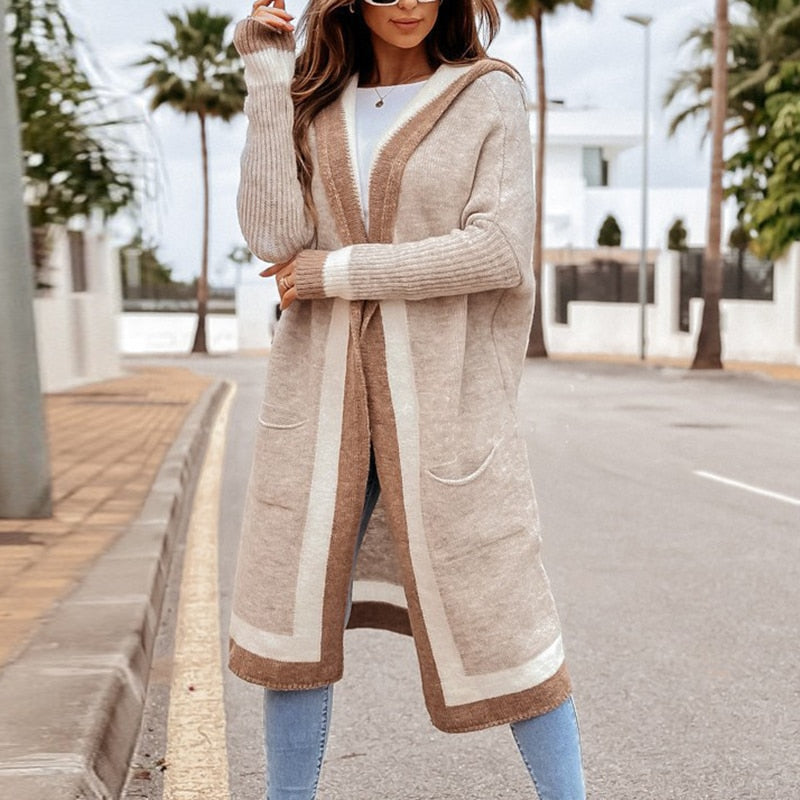 Elarova | Cardigan | Beigefarbener langer Strickcardigan mit Kapuze