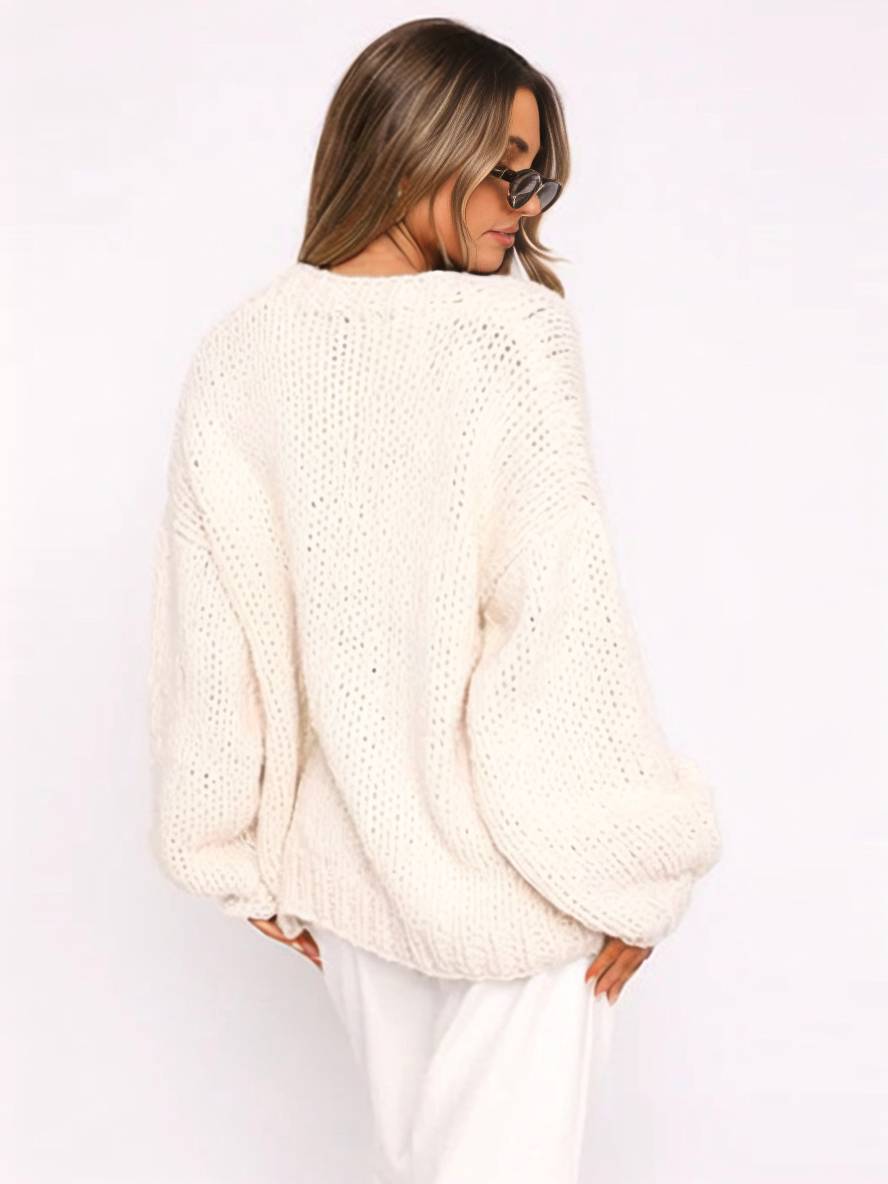 Elarova | Cardigan aus Grobstrick Einfarbig mit Abfallenden Schultern Langarm Damen Elegant Lässig Weit Oversized Blouson