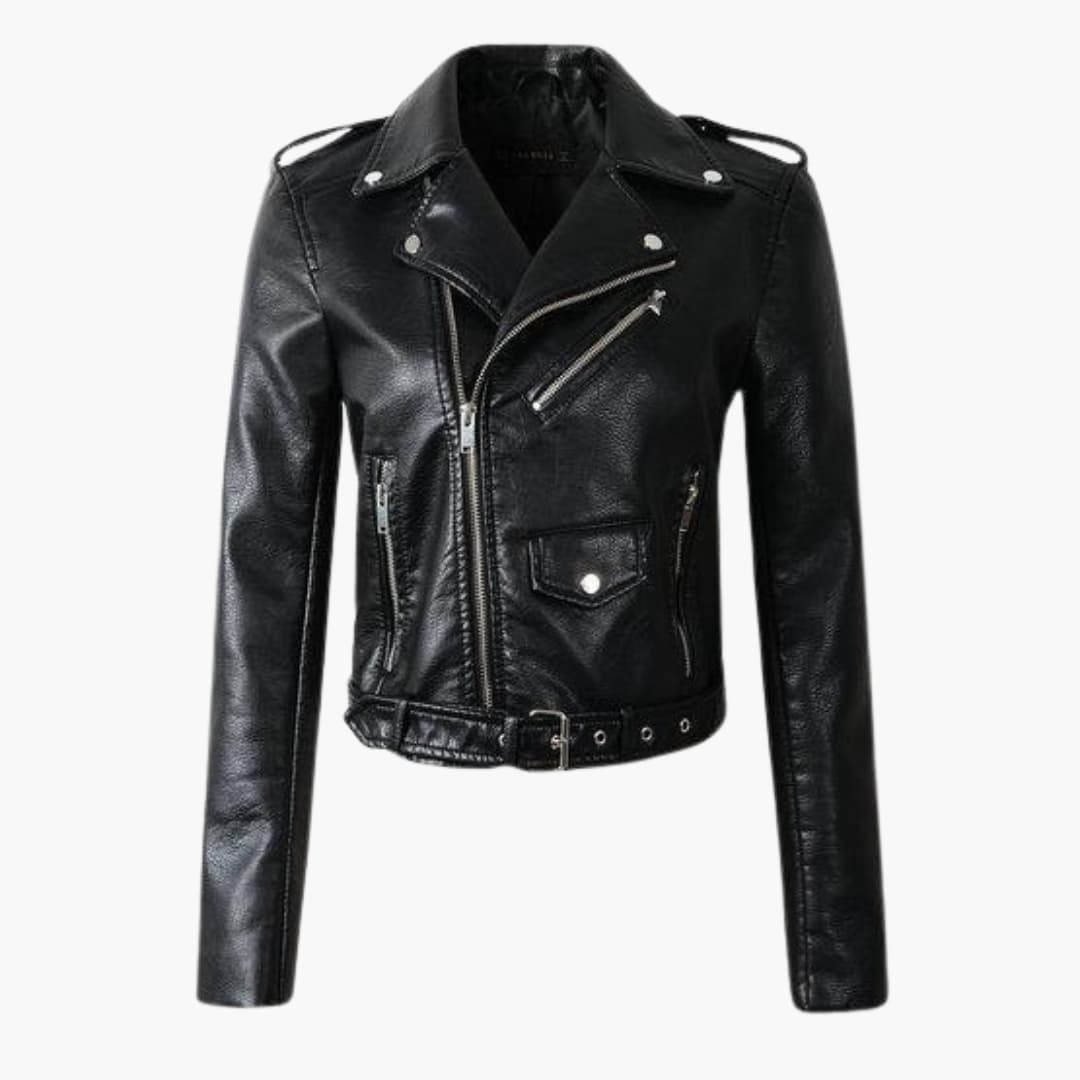 Elarova | Damen-Bikerjacke mit Reverskragen und Gürtel am Saum