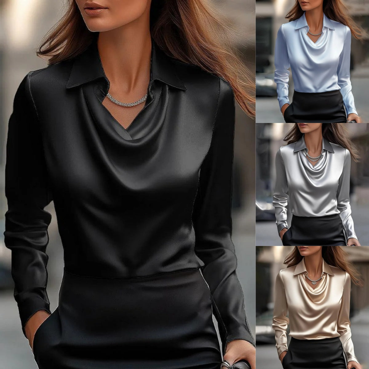 Elarova | Damen Bluse mit schickem WasserfallAusschnitt und langen Ärmeln