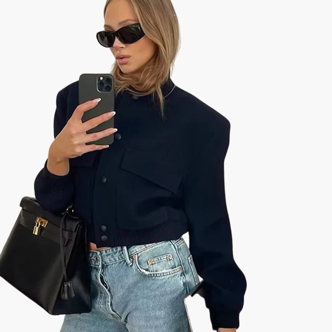 Elarova | Damen Cropped Jacke mit Druckknöpfen und Klappentaschen