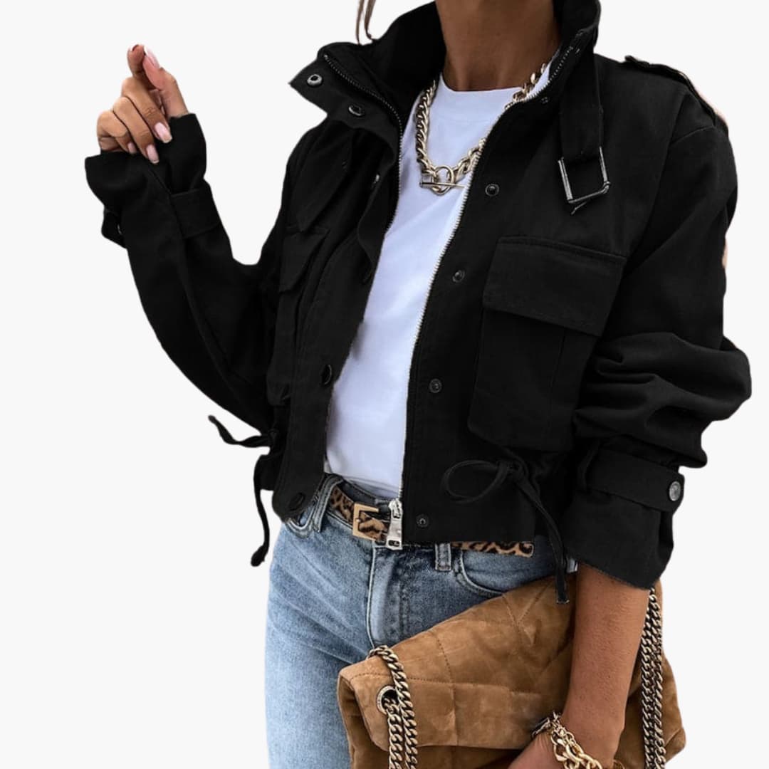 Elarova | Damen Cropped Jacke mit Klappentaschen und Reißverschluss