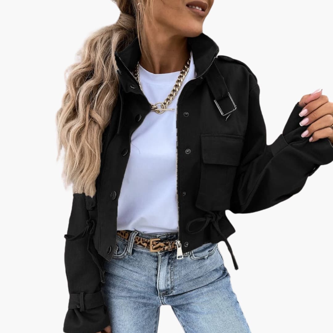 Elarova | Damen Cropped Jacke mit Klappentaschen und Reißverschluss