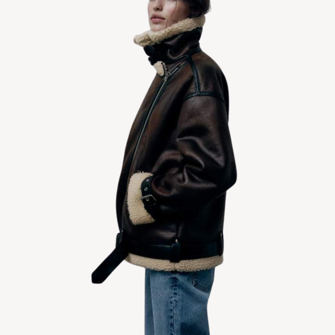 Elarova | Damen Fliegerjacke aus Lammfellimitat Braun