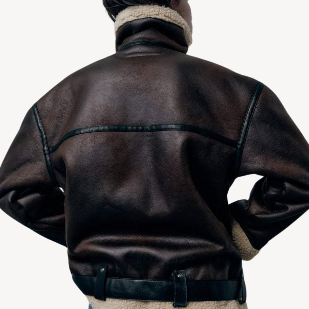 Elarova | Damen Fliegerjacke aus Lammfellimitat in Braun