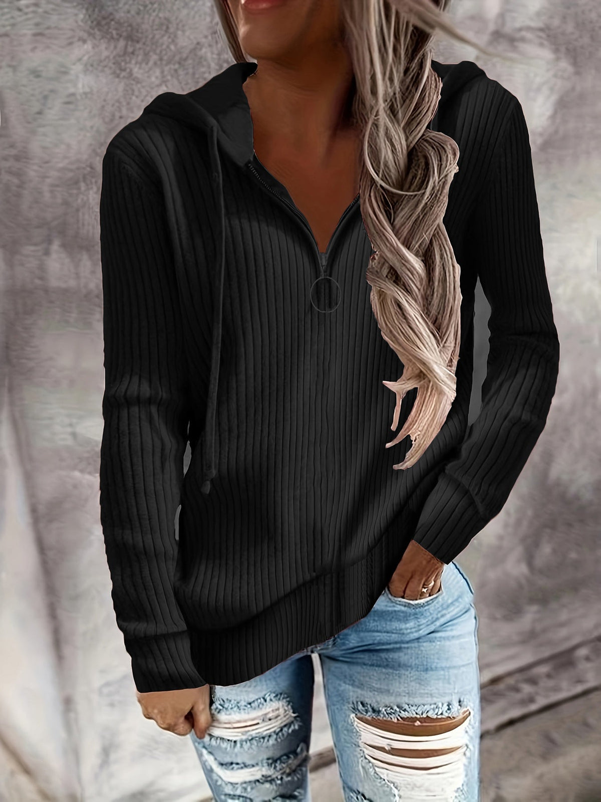 Elarova | Damen Hoodie mit Reißverschluss und lässigem Rippenstrickdesign