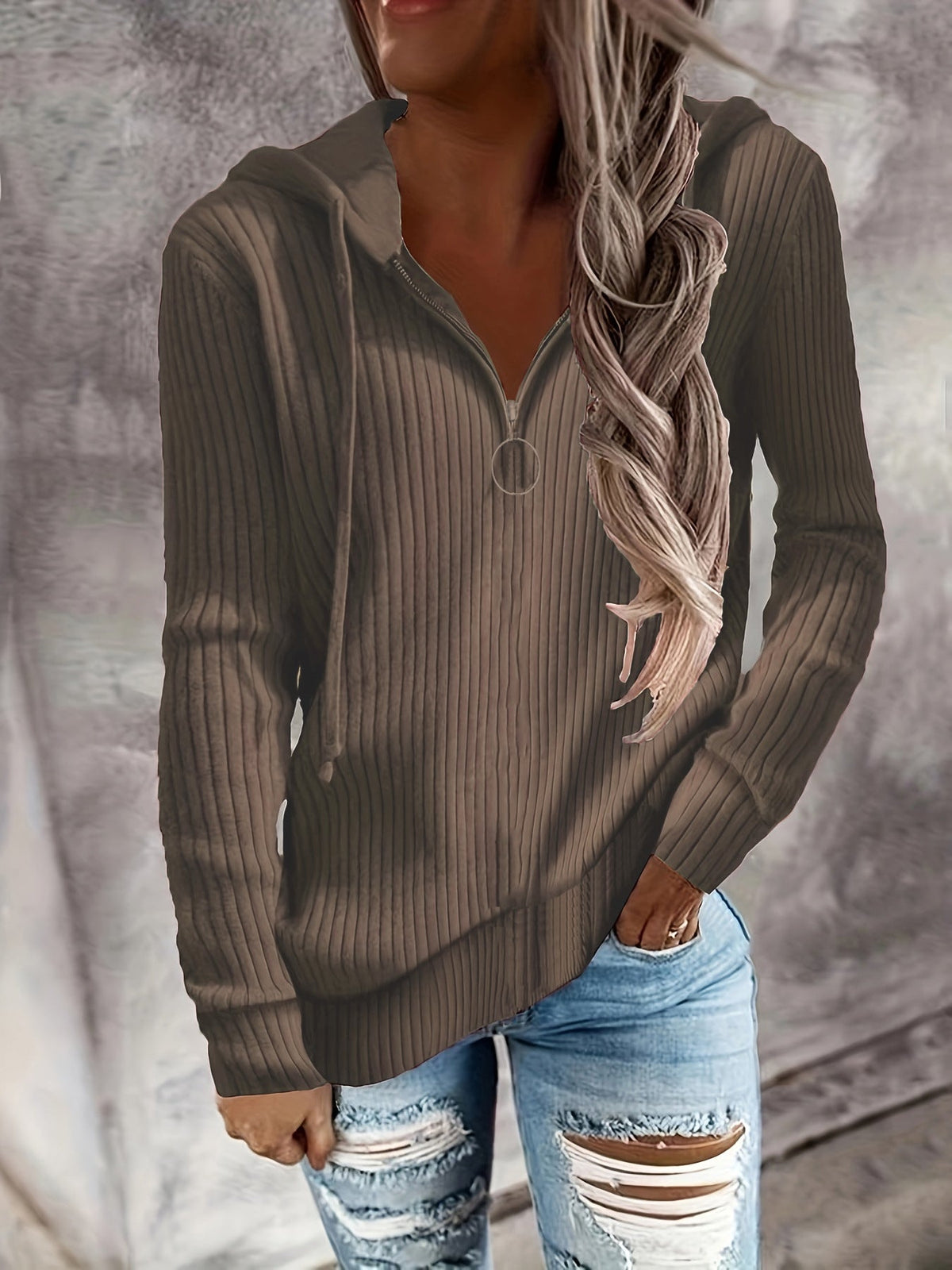 Elarova | Damen Hoodie mit Reißverschluss und lässigem Rippenstrickdesign
