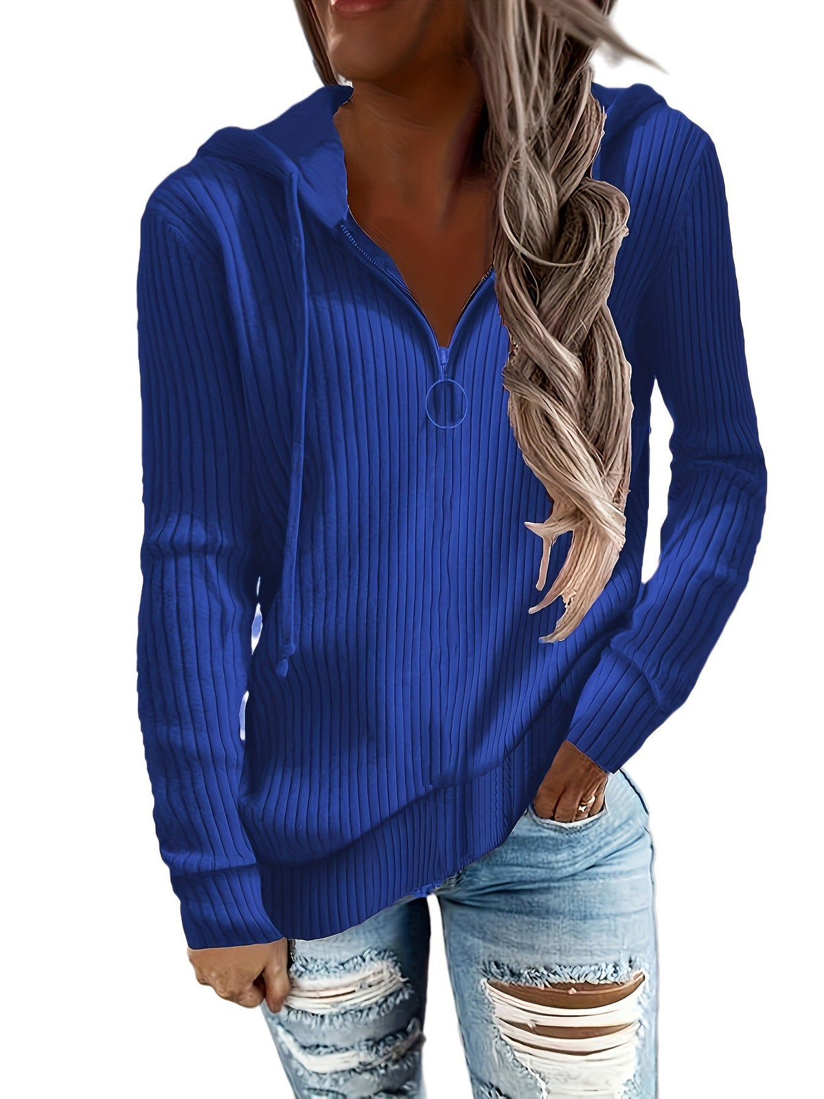 Elarova | Damen Hoodie mit Reißverschluss und lässigem Rippenstrickdesign