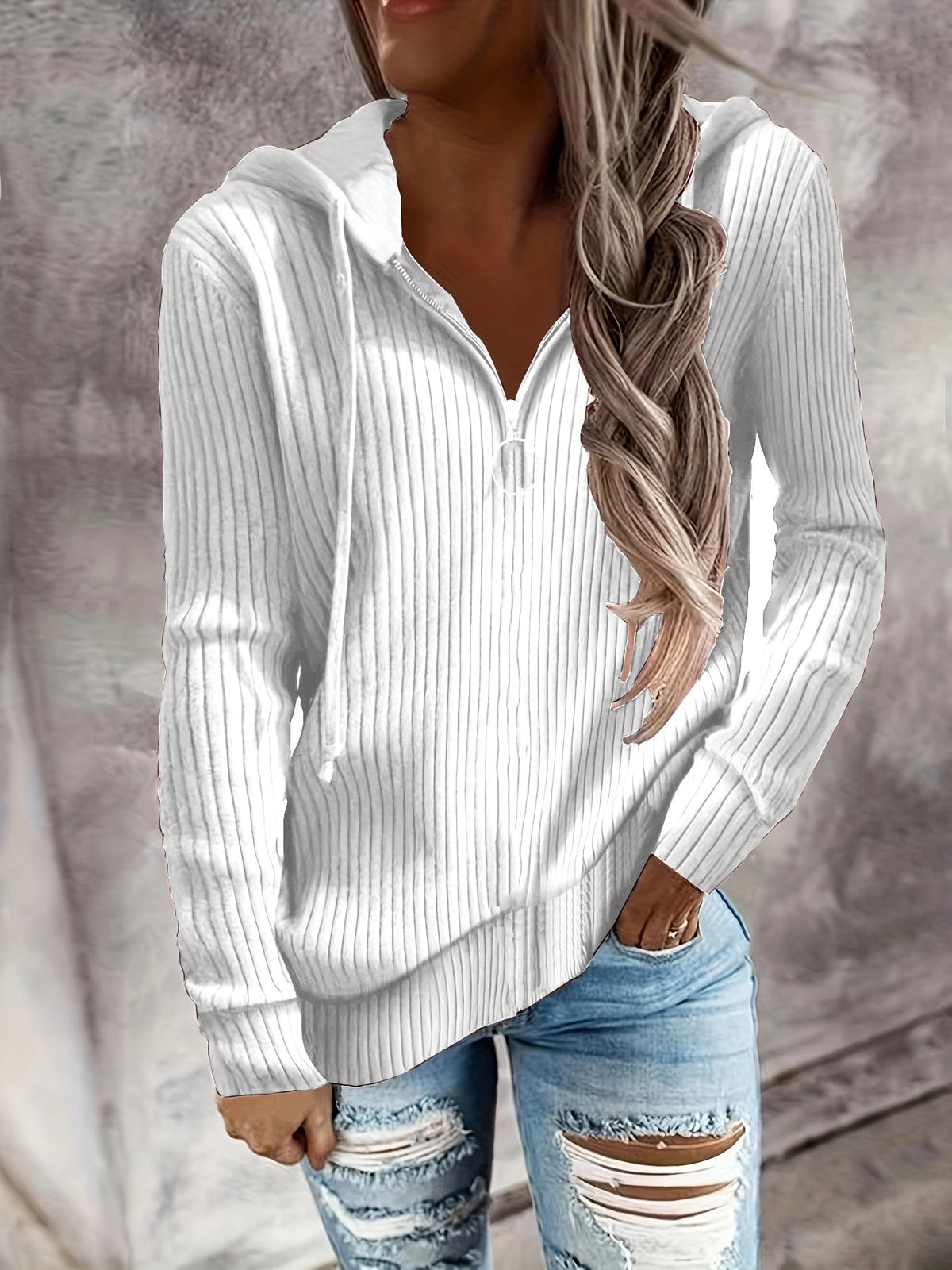 Elarova | Damen Hoodie mit Reißverschluss und lässigem Rippenstrickdesign