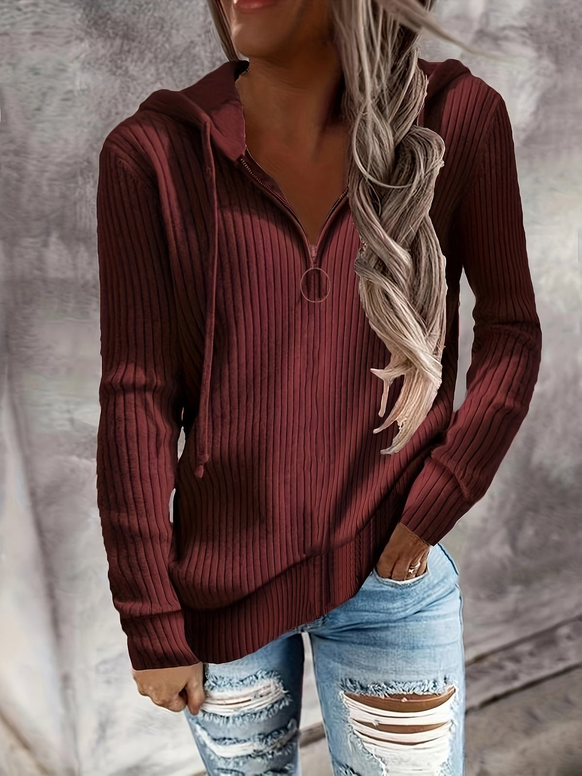 Elarova | Damen Hoodie mit Reißverschluss und lässigem Rippenstrickdesign
