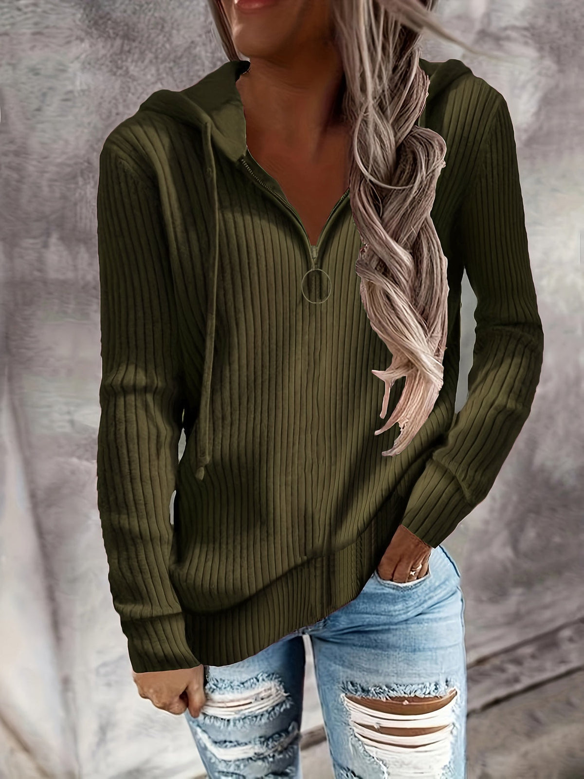 Elarova | Damen Hoodie mit Reißverschluss und lässigem Rippenstrickdesign