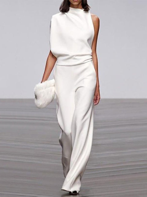 Elarova | Damen Jumpsuit Mit Rundhalsausschnitt, Armellos Und Weitem Bein