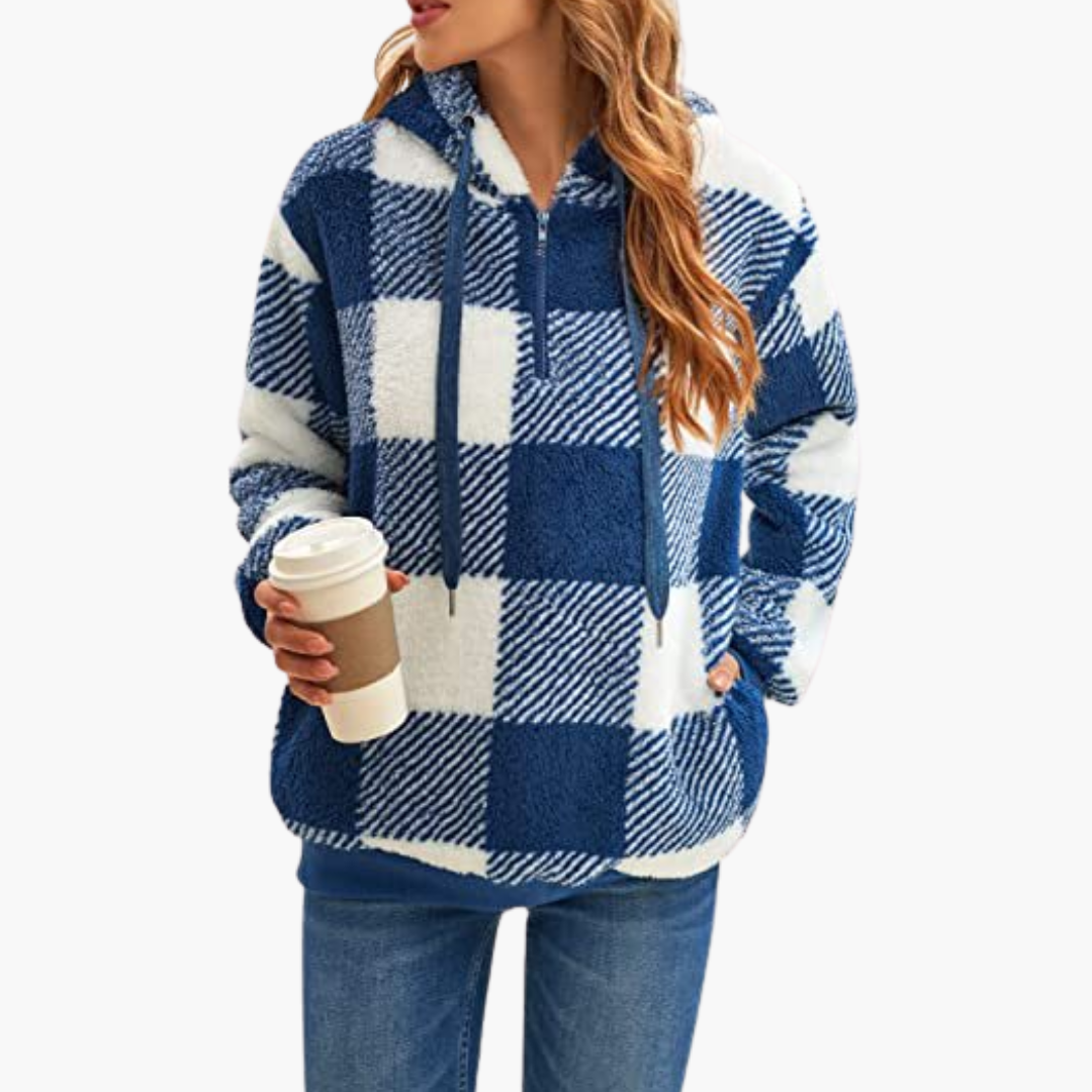 Elarova | Damen Kapuzenpullover mit Halbreißverschluss und Karomuster