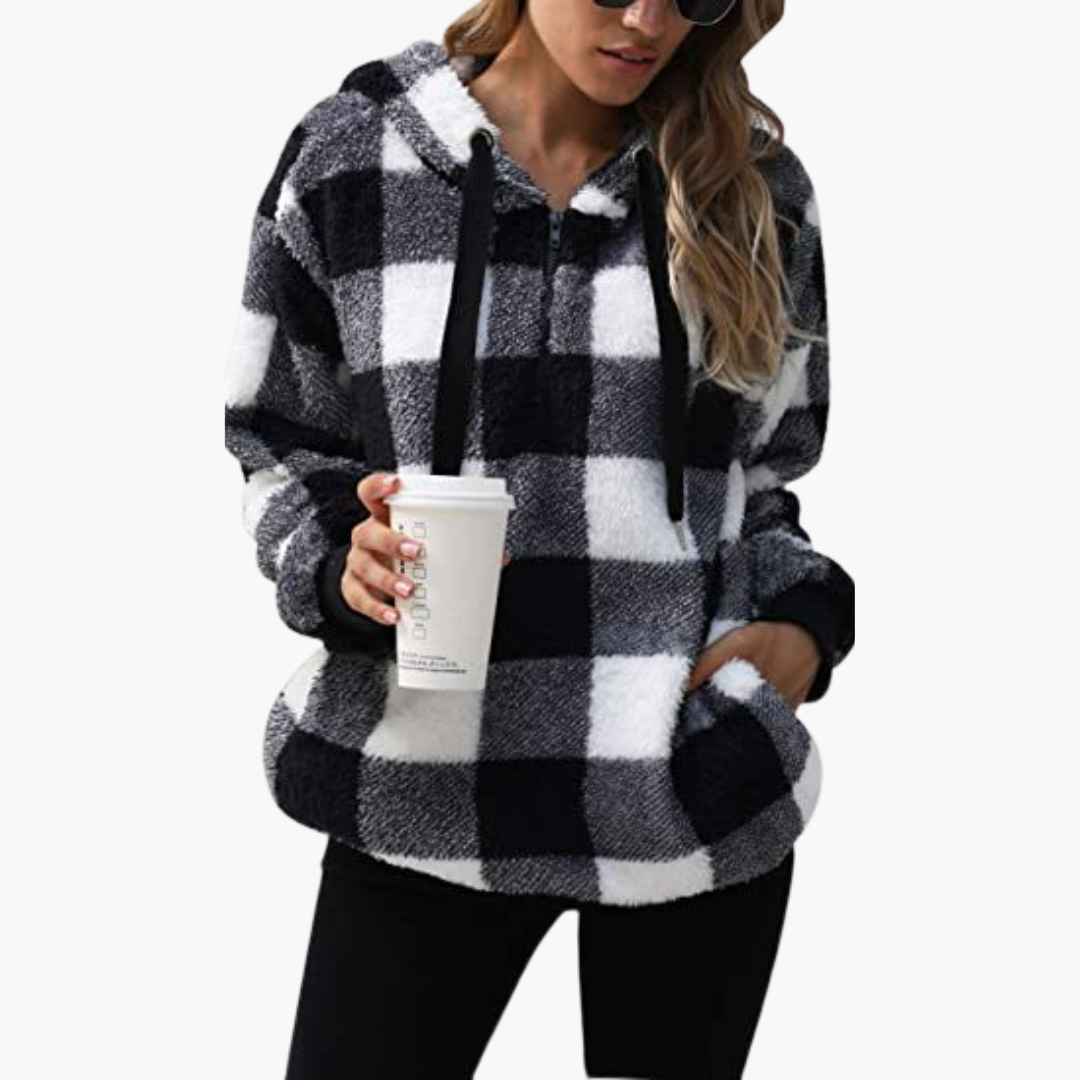 Elarova | Damen Kapuzenpullover mit Halbreißverschluss und Karomuster